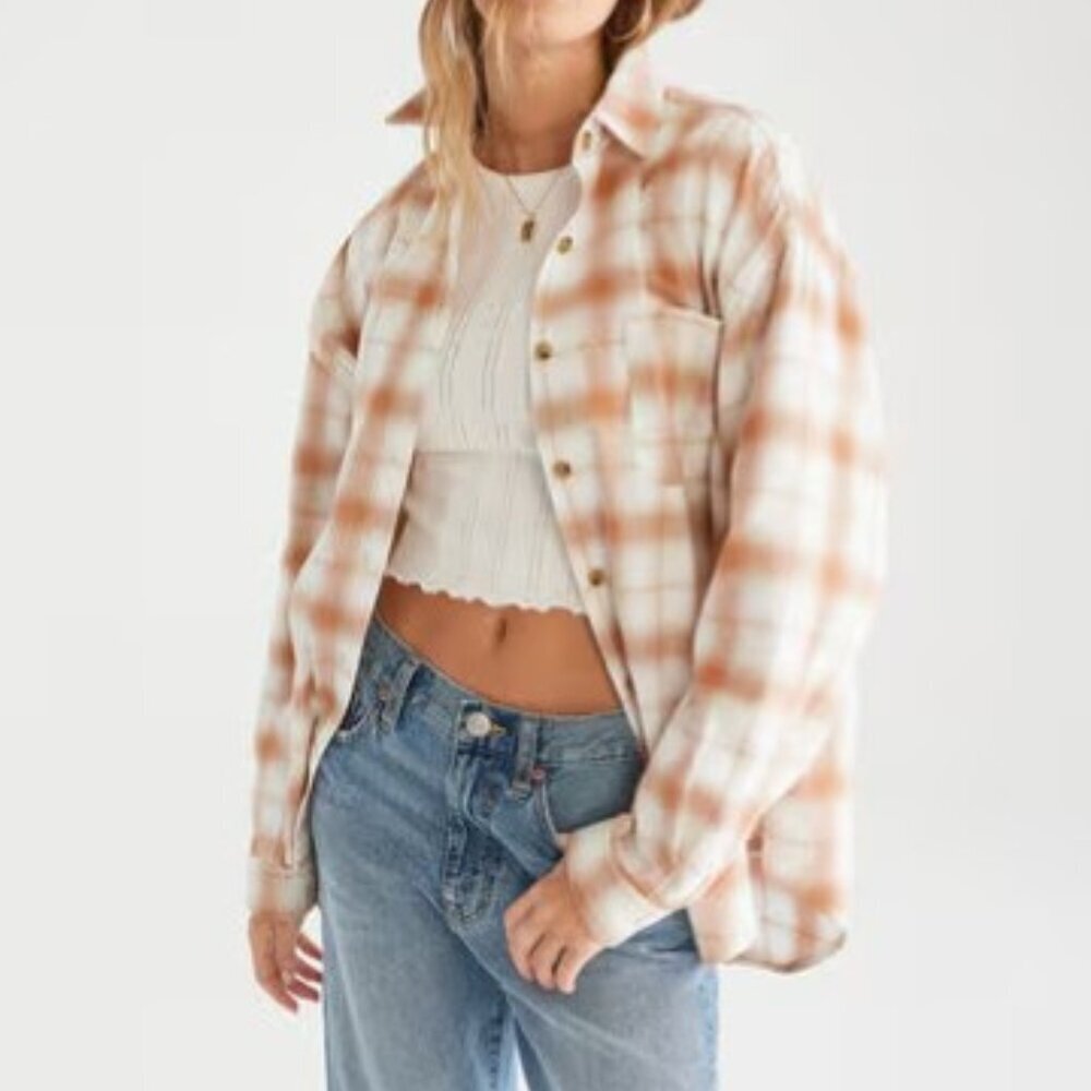 Aeropostale Long Sleeve Tan White Plaid Button-Down XS Shirt - Picture 2 of 8
